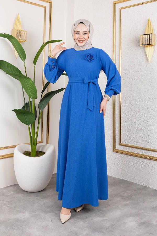 Gül Detaylı Tesettür Elbise-5028 Saks mavisi