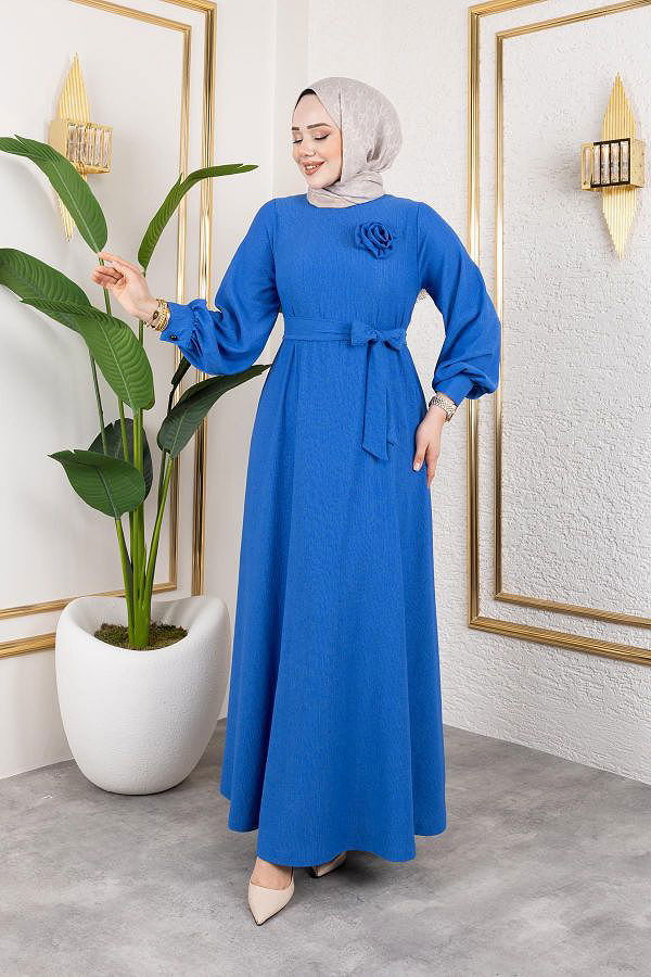 Gül Detaylı Tesettür Elbise-5028 Saks mavisi