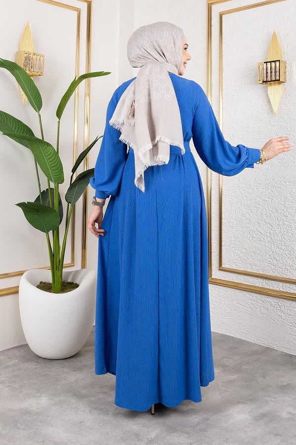 Gül Detaylı Tesettür Elbise-5028 Saks mavisi