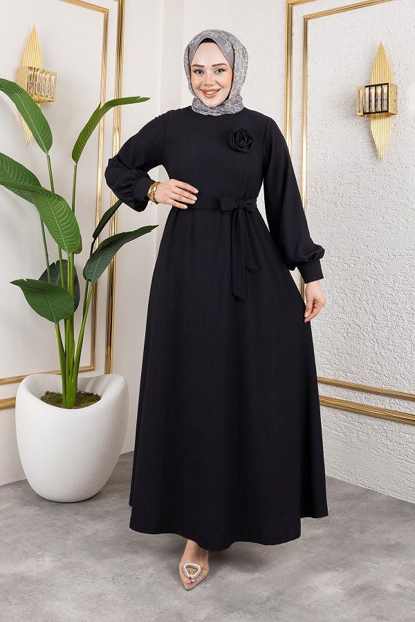 Gül Detaylı Tesettür Elbise-5028 Siyah