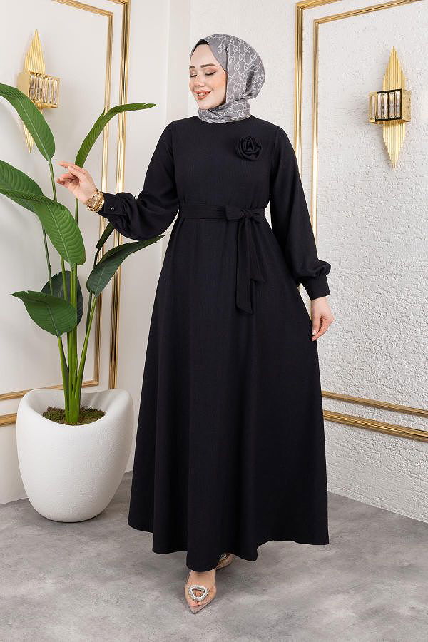 Gül Detaylı Tesettür Elbise-5028 Siyah