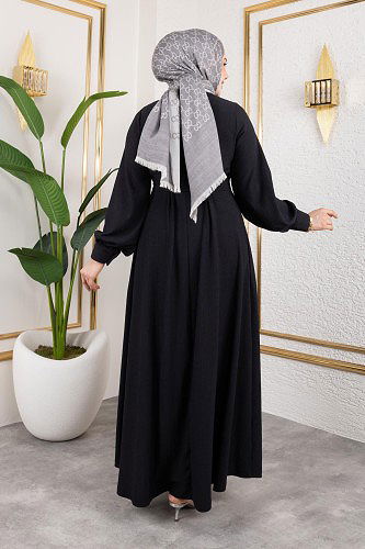 Gül Detaylı Tesettür Elbise-5028 Siyah - Thumbnail