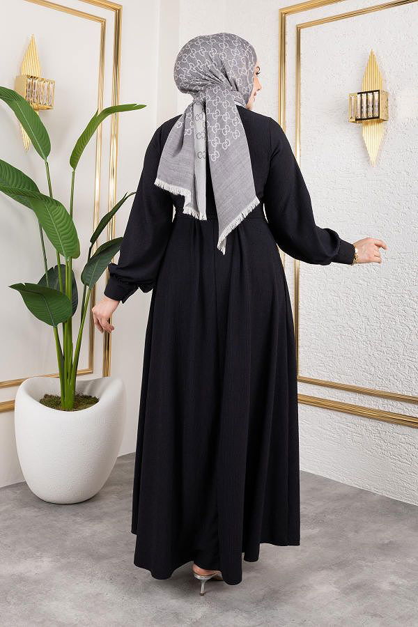 Gül Detaylı Tesettür Elbise-5028 Siyah