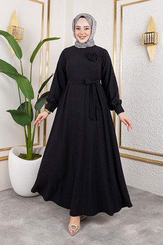 Modaebva - Gül Detaylı Tesettür Elbise-5028 Siyah