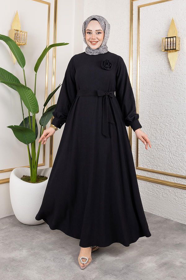 Gül Detaylı Tesettür Elbise-5028 Siyah