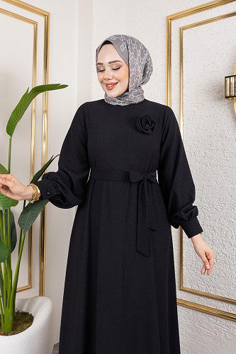 Modaebva - Gül Detaylı Tesettür Elbise-5028 Siyah (1)
