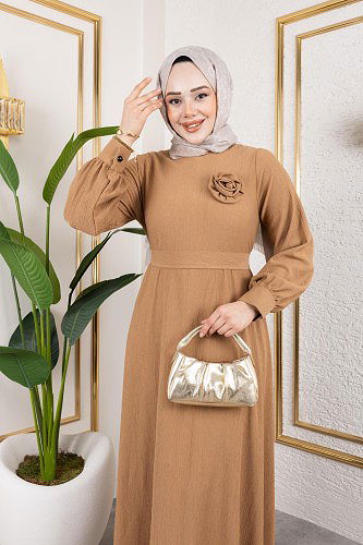 Modaebva - Gül Detaylı Tesettür Elbise-5028 Vizon (1)
