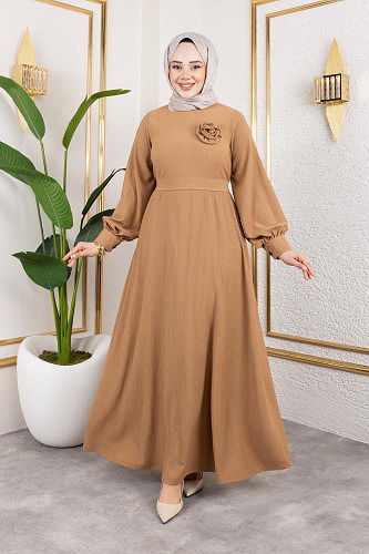 Modaebva - Gül Detaylı Tesettür Elbise-5028 Vizon