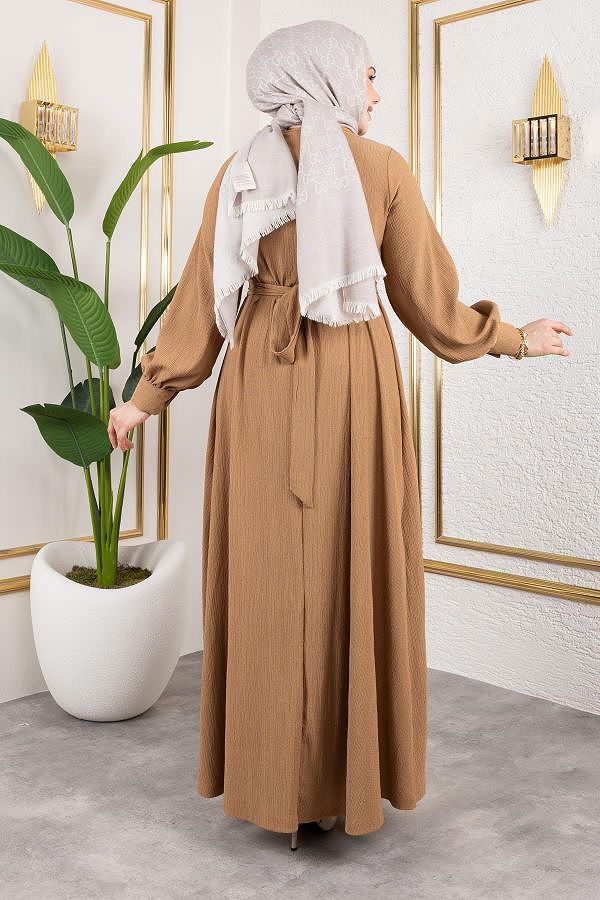 Gül Detaylı Tesettür Elbise-5028 Vizon