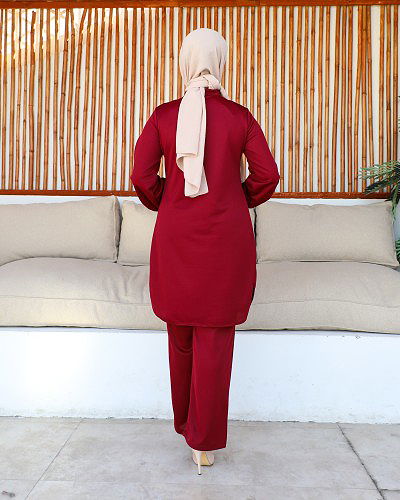 Hakim Yaka Düğmeli Tesettür Takım-3156 Bordo - Thumbnail
