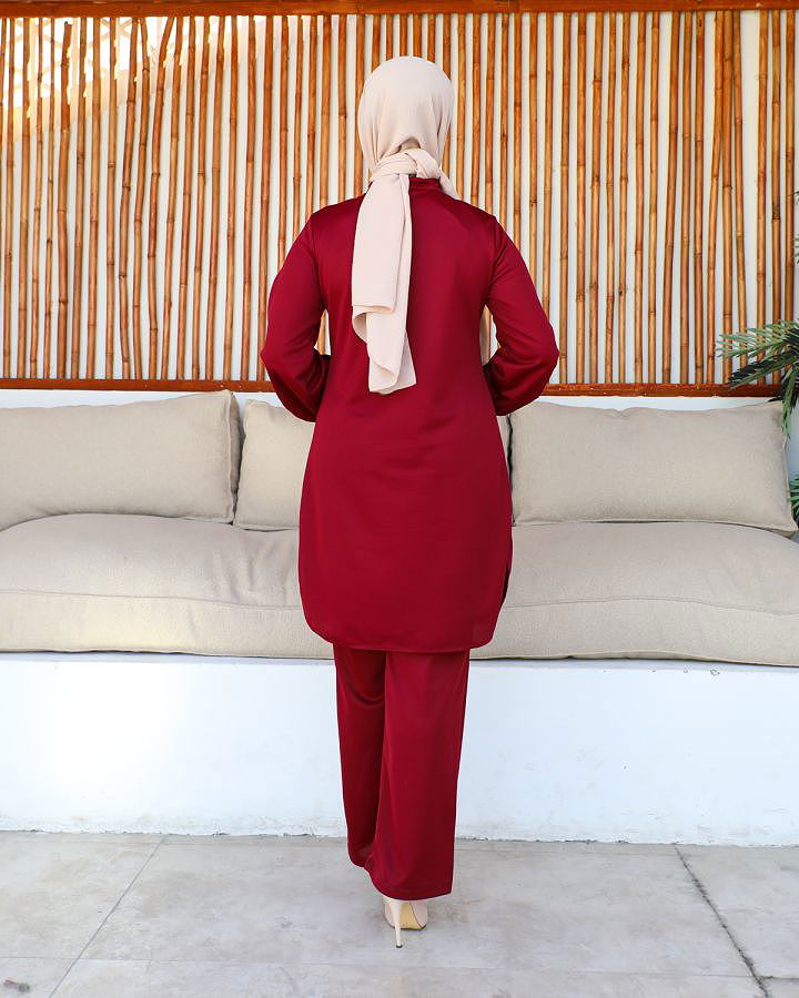 Hakim Yaka Düğmeli Tesettür Takım-3156 Bordo