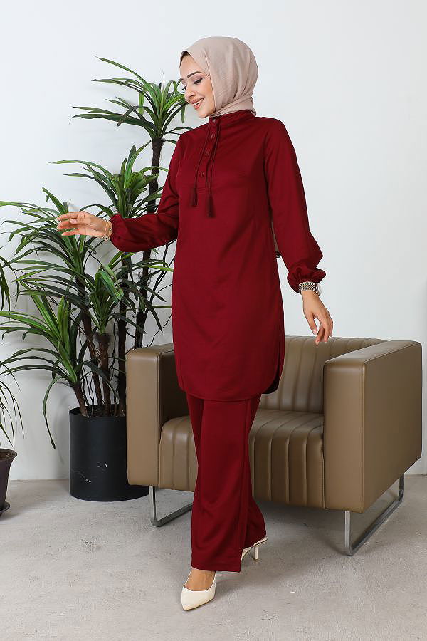 Hakim Yaka Düğmeli Tesettür Takım-3156 Bordo