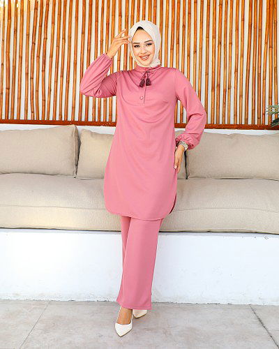 Modaebva - Hakim Yaka Düğmeli Tesettür Takım-3156 Gülkurusu