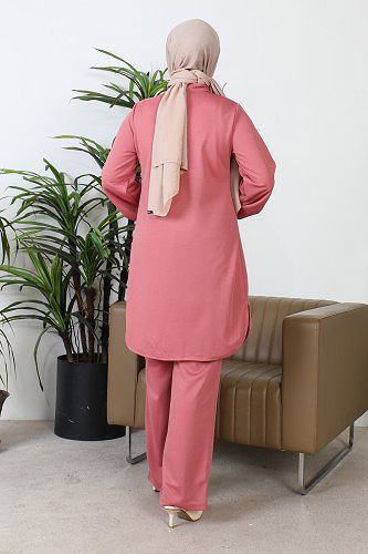 Hakim Yaka Düğmeli Tesettür Takım-3156 Gülkurusu - Thumbnail