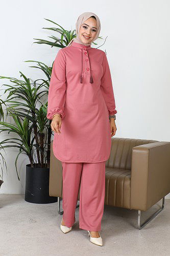 Hakim Yaka Düğmeli Tesettür Takım-3156 Gülkurusu - Thumbnail