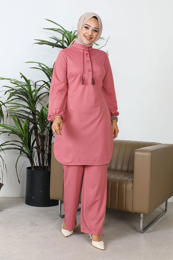 Hakim Yaka Düğmeli Tesettür Takım-3156 Gülkurusu