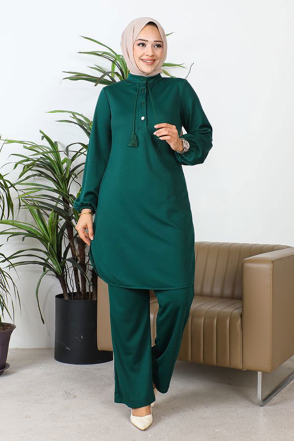 Hakim Yaka Düğmeli Tesettür Takım-3156 Zümrütyeşili