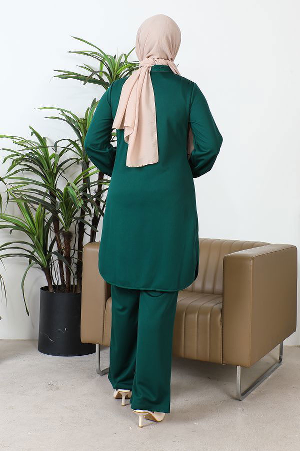 Hakim Yaka Düğmeli Tesettür Takım-3156 Zümrütyeşili