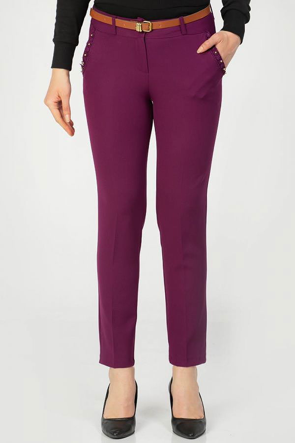 İnci Detay Kemerli pantolon-3031 Mor