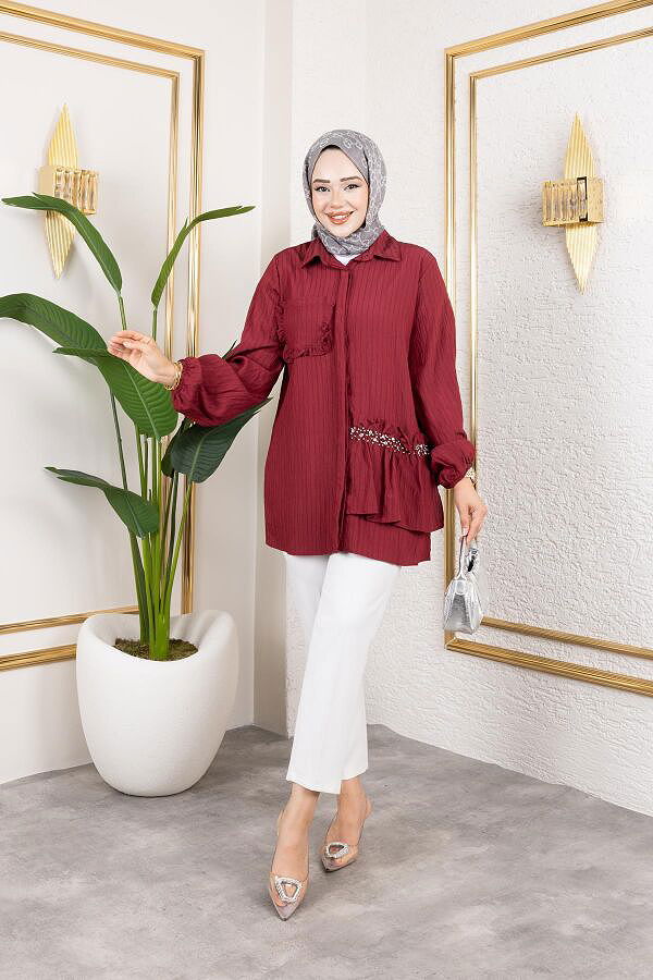 İnci Ve Taş Detaylı Düğmeli Tunik-5505 Bordo