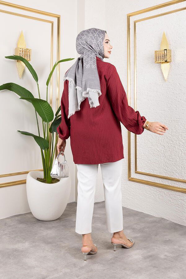 İnci Ve Taş Detaylı Düğmeli Tunik-5505 Bordo