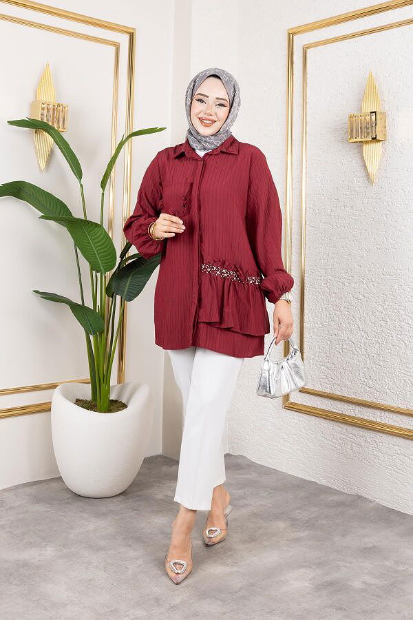 İnci Ve Taş Detaylı Düğmeli Tunik-5505 Bordo