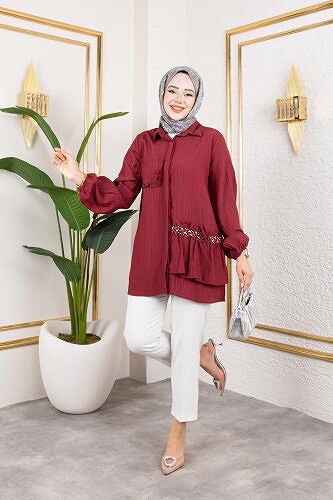 Modaebva - İnci Ve Taş Detaylı Düğmeli Tunik-5505 Bordo (1)