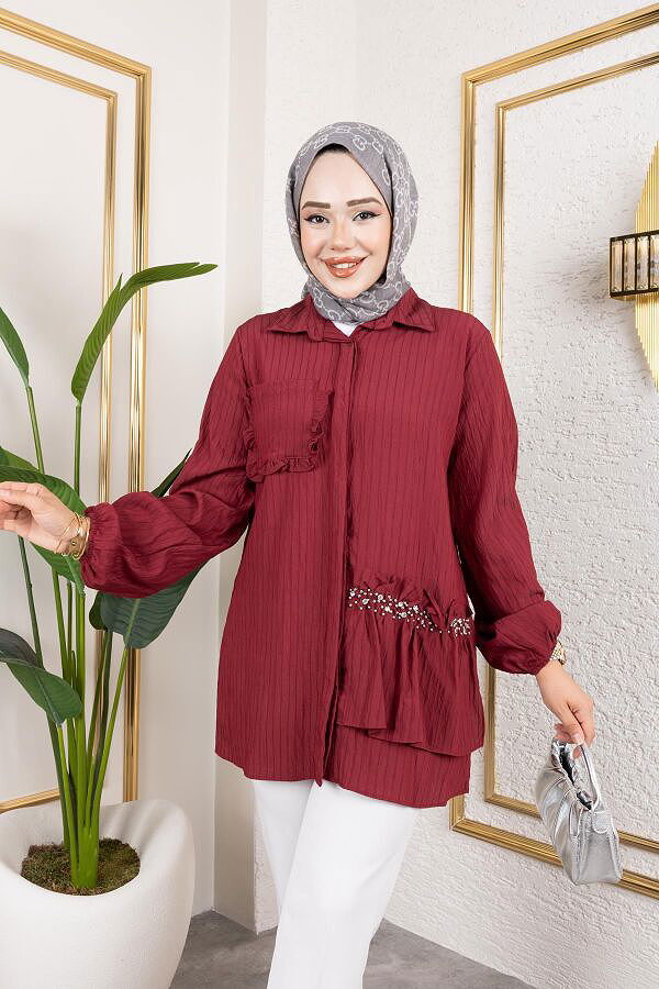 İnci Ve Taş Detaylı Düğmeli Tunik-5505 Bordo