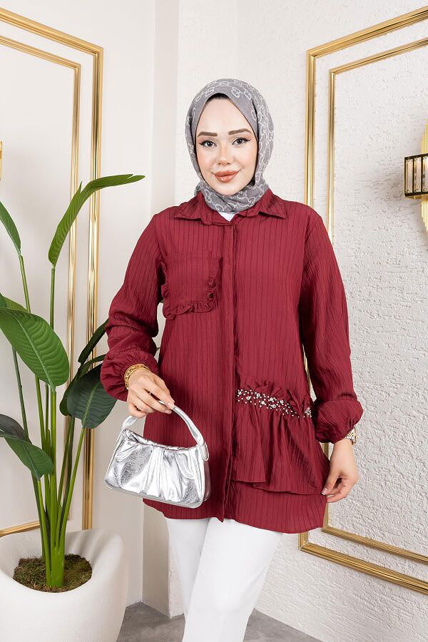 İnci Ve Taş Detaylı Düğmeli Tunik-5505 Bordo