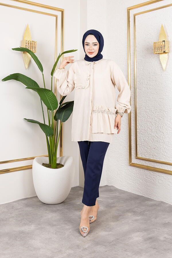 İnci Ve Taş Detaylı Düğmeli Tunik-5505 Vizon