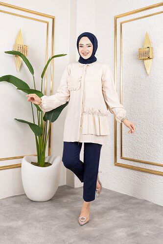 Modaebva - İnci Ve Taş Detaylı Düğmeli Tunik-5505 Vizon (1)