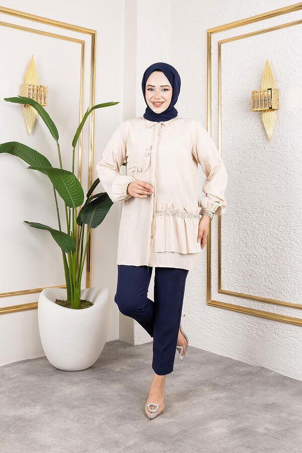 İnci Ve Taş Detaylı Düğmeli Tunik-5505 Vizon