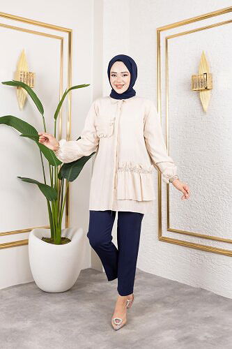 İnci Ve Taş Detaylı Düğmeli Tunik-5505 Vizon - Thumbnail