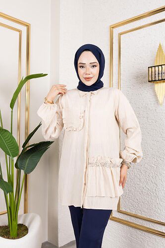 İnci Ve Taş Detaylı Düğmeli Tunik-5505 Vizon - Thumbnail