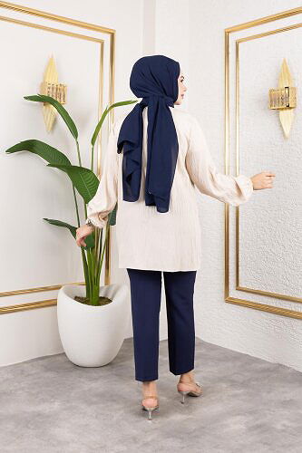 İnci Ve Taş Detaylı Düğmeli Tunik-5505 Vizon - Thumbnail