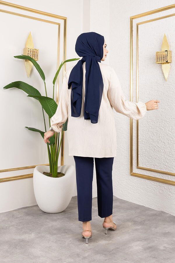 İnci Ve Taş Detaylı Düğmeli Tunik-5505 Vizon