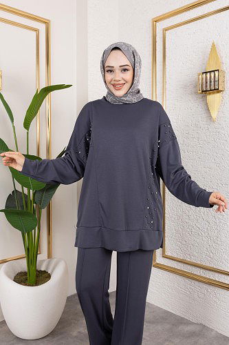 Modaebva - İnci Ve Taş Detaylı Oyşo İkili Takım-5060 Antrasit