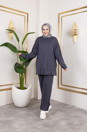 Modaebva - İnci Ve Taş Detaylı Oyşo İkili Takım-5060 Antrasit (1)