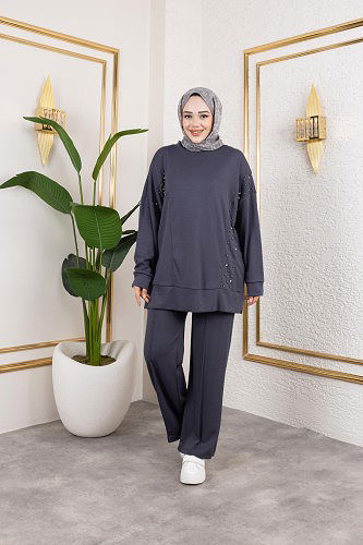 İnci Ve Taş Detaylı Oyşo İkili Takım-5060 Antrasit - Thumbnail