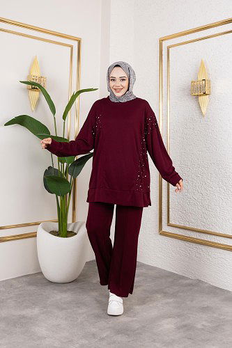 İnci Ve Taş Detaylı Oyşo İkili Takım-5060 Bordo - Thumbnail