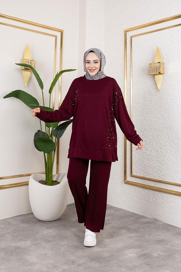 İnci Ve Taş Detaylı Oyşo İkili Takım-5060 Bordo