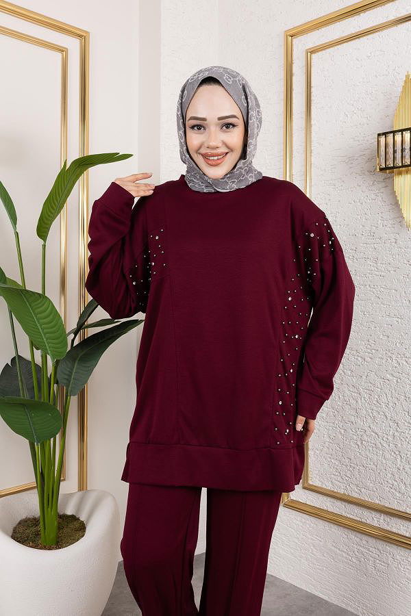 İnci Ve Taş Detaylı Oyşo İkili Takım-5060 Bordo