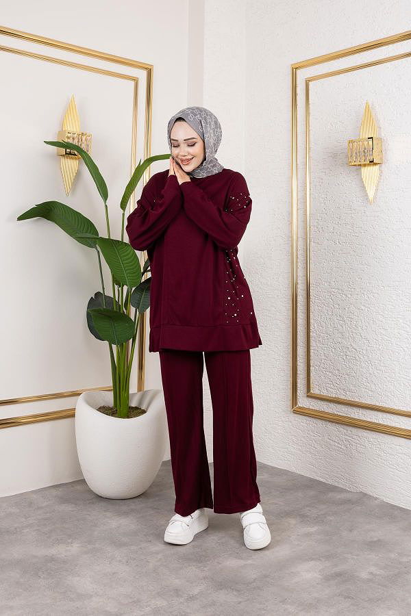 İnci Ve Taş Detaylı Oyşo İkili Takım-5060 Bordo