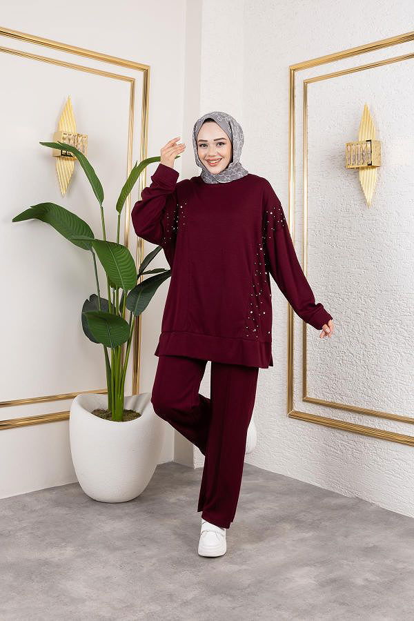 İnci Ve Taş Detaylı Oyşo İkili Takım-5060 Bordo