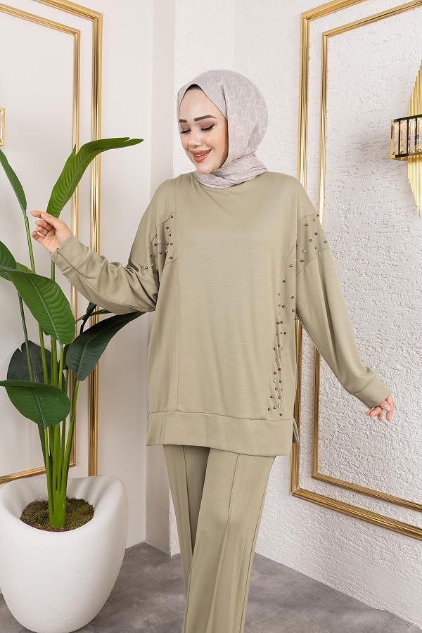 İnci Ve Taş Detaylı Oyşo İkili Takım-5060 Haki yeşili