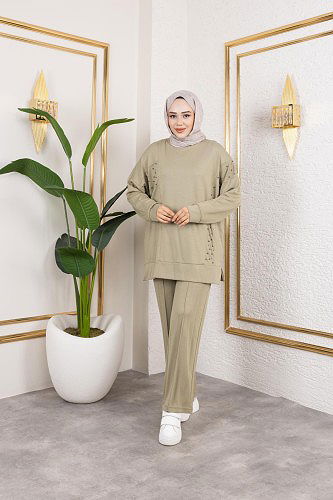 İnci Ve Taş Detaylı Oyşo İkili Takım-5060 Haki yeşili - Thumbnail