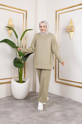 Modaebva - İnci Ve Taş Detaylı Oyşo İkili Takım-5060 Haki yeşili