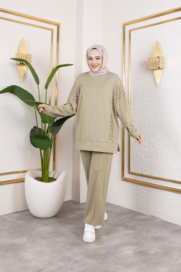 İnci Ve Taş Detaylı Oyşo İkili Takım-5060 Haki yeşili