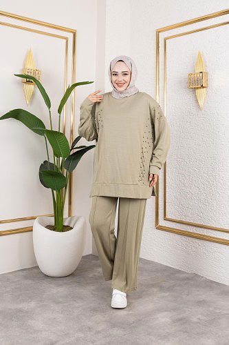 İnci Ve Taş Detaylı Oyşo İkili Takım-5060 Haki yeşili - Thumbnail