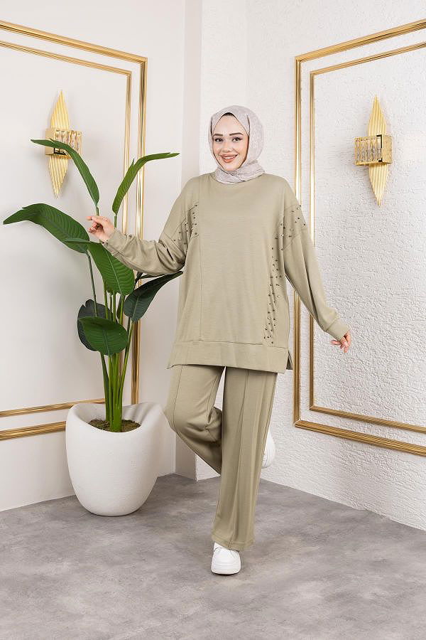 İnci Ve Taş Detaylı Oyşo İkili Takım-5060 Haki yeşili